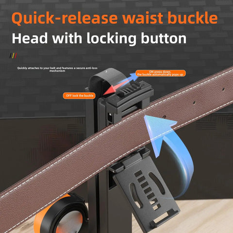 Quick-release waist buckle with locking button for secure belt attachment and anti-loss mechanism.