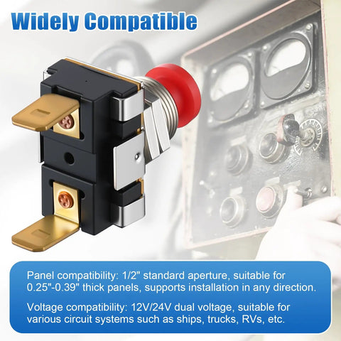 Marine Boat Horn Button Switch 12V 24V Dual Voltage SPST Momentary Red Push On Off Button With Screw Terminals next to control panel
