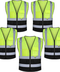 Premium Quality Straight Up Class 2 Hi Vis Safety Vest With Deep Cargo Pockets For Construction Crews Safety Compliant Reflective Mesh Gear Hella Visible For Highway And Active Job Sites Yellow Black Xl group of five vests showing yellow and black design with utility pockets