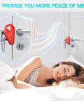 Woman sleeping peacefully with 2 Pack Upgraded Portable Door Lock For Travel From Inside Front Door Security Device shown on door.