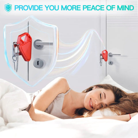 Woman sleeping peacefully with 2 Pack Upgraded Portable Door Lock For Travel From Inside Front Door Security Device shown on door.