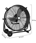 Heavy Duty 24 Inch Industrial Drum Fan Pumping Out 8100 CFM High Velocity Blast At Three Speeds With 180 Degree Tilt To Beat The Heat In Your Shop Today, side view showing dimensions.