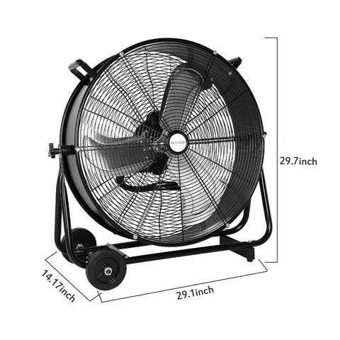 Heavy Duty 24 Inch Industrial Drum Fan Pumping Out 8100 CFM High Velocity Blast At Three Speeds With 180 Degree Tilt To Beat The Heat In Your Shop Today, side view showing dimensions.