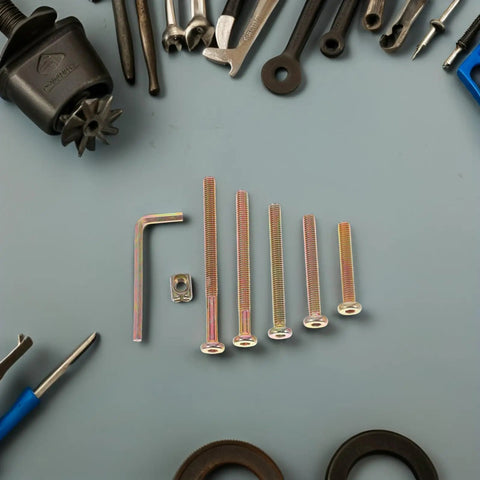 All In One M6 Hex Socket Head Screws And Barrel Nuts Set, 49 Piece Hardware Kit, various length bolts on table.