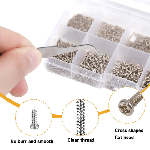 Heavy Hitter 1200 Pcs Mini Screw Assortment Kit Includes M1 Through M1.7 Stainless Steel Self Tapping Micro Screws And Precision Tweezers for detail view with tweezers.