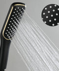 Heavy Duty Wall Mount Shower System With Slick Black Finish Adjustable Rain Head Four Way Mixer Valve Easy Grip Handheld Sprayer And Top Shelf Stainless Steel Bathroom Combo Kit Upgrade Your Daily Routine water flow from handheld sprayer