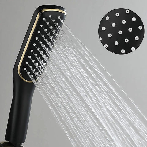 Heavy Duty Wall Mount Shower System With Slick Black Finish Adjustable Rain Head Four Way Mixer Valve Easy Grip Handheld Sprayer And Top Shelf Stainless Steel Bathroom Combo Kit Upgrade Your Daily Routine water flow from handheld sprayer