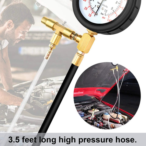 BETOOLL Pro fuel injection pressure tester kit with 0-140 PSI gauge, brass fittings, and 3.5 ft hose