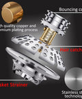 Premium Pop Up Tub Stopper With Built In Hair Strainer showing hair catcher and stainless steel design features.
