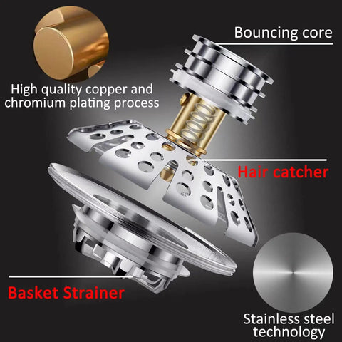 Premium Pop Up Tub Stopper With Built In Hair Strainer showing hair catcher and stainless steel design features.