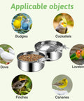 Two stainless steel bird bowls with cage clamps; one filled with seed.