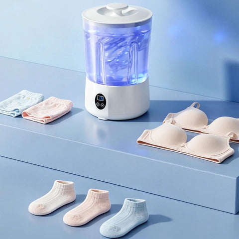Ultra Compact Cordless Washing Machine With Rechargeable Battery And Three Gentle Wash Modes next to delicate socks and bras.