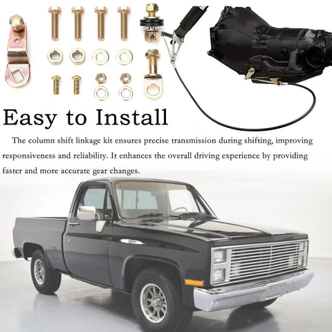 Adjustable Shifter Linkage Kit For GM Transmissions Bolts To Aftermarket Steering Columns With Slick Six Foot Stainless Cable And Tough Aluminum Mount, Includes installation components.