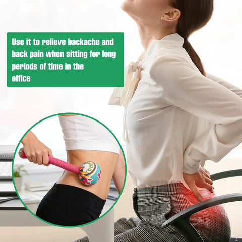 Woman using Two Piece Long Herbal Massage Hammer for lymphatic drainage and back muscle relief in an office setting.