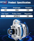 180A High Output Alternator Replacement image showing specifications for 2011-2021 Chrysler 300, Dodge Charger, Grand Cherokee.