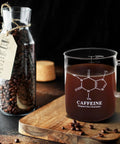 2 Pack 16 Oz Caffeine Beaker Mug Set on wooden board with coffee beans and jar, Borosilicate Glass Chemistry Themed Coffee Mugs
