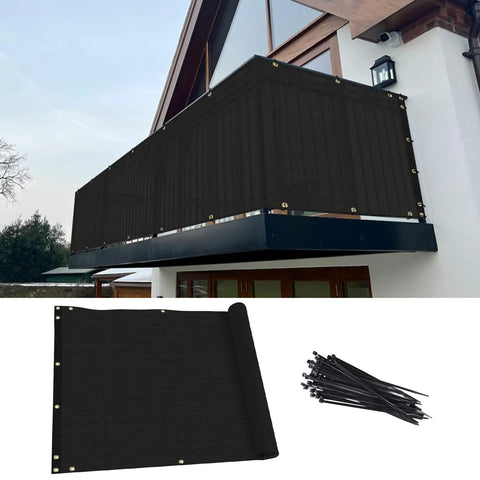 3 Foot By 25 Foot Balcony Privacy Screen Mesh Fence Cover For Deck Railing Outdoor Patio Windscreen 200GSM Heavy Duty HDPE Black Lattice Privacy Netting Pro Grade installed on a balcony with zip ties