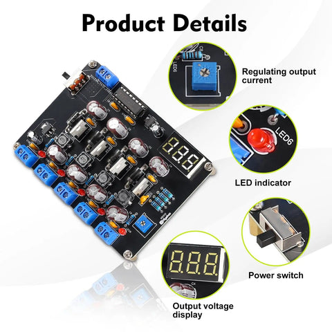 Adjustable LM2596 Power Supply Soldering Kit with digital display, LEDs, and control knobs for DIY electronics projects.