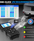 OBD2 Car Diagnostic Scanner With Battery Tester And Live Data showing I/M readiness test next to car exhaust.