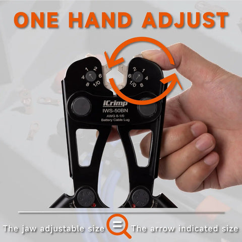 Heavy Duty Battery Cable Lug Crimping Tool For AWG 8 To 1/0 Copper And Aluminum Lugs, One Hand Adjustable Wheel, Non Welding Electrical Connection, Durable, Workhorse Quality, Easy To Use, Great For Auto And Marine Applications on hand-adjustable jaws