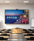 65 Inch 4K UHD Interactive Touch Monitor With Smooth Gliding Rolling Cart Stand Featuring Dual Operating Systems And Eye Relief Matte Anti Glare Ips Display For Classrooms Office Spaces And Home Theater in a classroom setting.