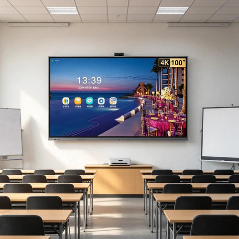 65 Inch 4K UHD Interactive Touch Monitor With Smooth Gliding Rolling Cart Stand Featuring Dual Operating Systems And Eye Relief Matte Anti Glare Ips Display For Classrooms Office Spaces And Home Theater in a classroom setting.