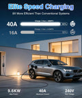 Top Tier Level 2 EV Charger, 40 Amp 240 Volt Home Hookup Station, car charging at night with LCD dashboard display.