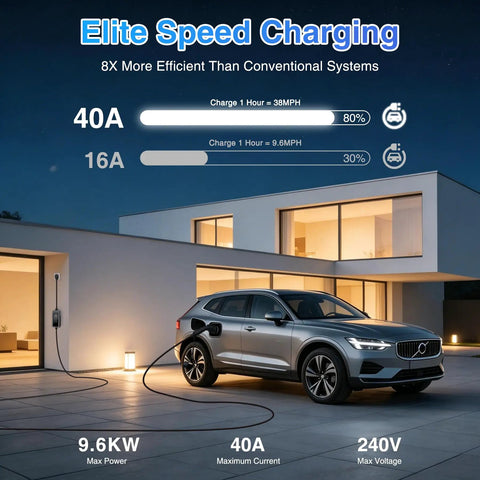 Top Tier Level 2 EV Charger, 40 Amp 240 Volt Home Hookup Station, car charging at night with LCD dashboard display.