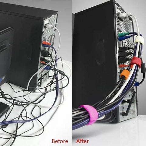 Before and after image using Double Sided Hook And Loop Cable Tie Tape Three Quarters Inch Wide 25 Yard Roll For Power Wire Management