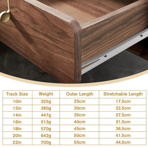 Bottom Mount Drawer Runners 1 Pair 14 Inch 35cm Two Section Extension Quiet Glide Drawer Slides with size table visible
