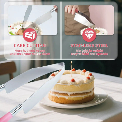 2 Piece Rose Red Stainless Steel Cake Slicer Cutter For Precise Even Square Sheet Cake Portions Easy Grip Ergonomic Handle Rustproof Baking Tool Dessert Server Kitchen Essential Perfect For Parties with cake cutting demo.