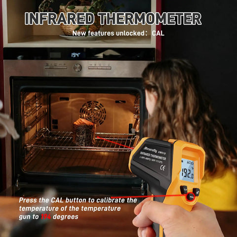 Infrared Thermometer Laser Temp Gun With Calibration pointed at oven, 192°F reading, showing use for cooking