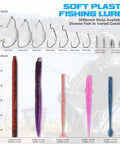 Pro Grade All In One Bass Fishing Lures Kit with 40 Soft Plastic Baits and assorted hooks displayed with size chart
