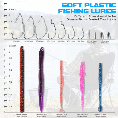 Pro Grade All In One Bass Fishing Lures Kit with 40 Soft Plastic Baits and assorted hooks displayed with size chart