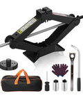 Heavy Duty Scissor Car Jack Kit For Tesla And SUV 2.5 Ton Capacity with tools and bag for flat tire changes.