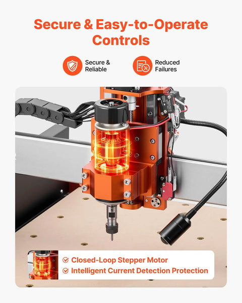 Slick Badass Desktop CNC Router Machine With 500W Spindle And Dual Linear Rails For Precision Wood And Acrylic Carving Projects Plus Three Axis Milling Engraver With Ball Screw Drive showing secure and easy-to-operate motor controls.