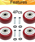 4 Pack 3 Inch PU Caster Wheels With 3 By 8 Bore Heavy Duty Plate Casters For Platform Trucks And Trolleys, 75mm diameter, red wheels