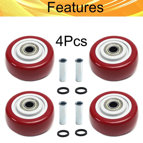 4 Pack 3 Inch PU Caster Wheels With 3 By 8 Bore Heavy Duty Plate Casters For Platform Trucks And Trolleys, 75mm diameter, red wheels