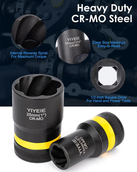 Heavy Duty CR-MO Steel Bolt Nut Extractor Socket Set with 1/2 Inch Drive for Stripped Damaged Bolts Sizes Displayed