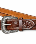Premium Hand Tooled Leather Western Horse Headstall Split Ear Belt Design With Quick Bit Ties detailed with silver buckle and floral patterns.
