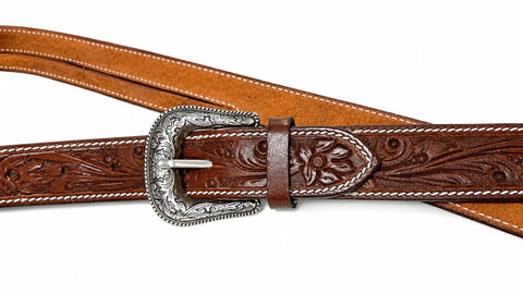 Premium Hand Tooled Leather Western Horse Headstall Split Ear Belt Design With Quick Bit Ties detailed with silver buckle and floral patterns.