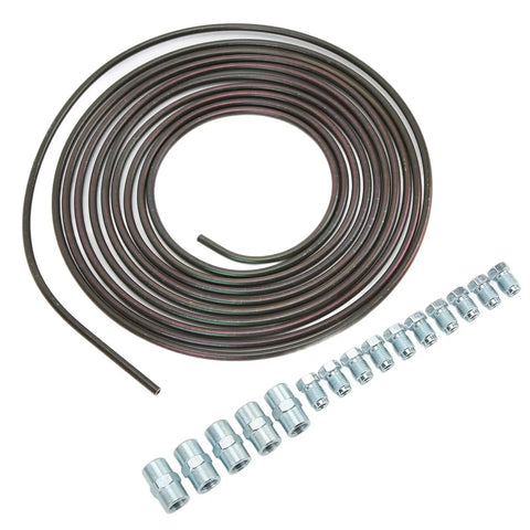 Copper Nickel Plated 16.4 Ft Brake Line Kit For Hydraulic Braking And Fuel Systems Easy To Bend And Install Heavy Duty Copper Tubing With 0.028 Inch Wall To Resist Rust For Home And Commercial Use showing coiled tubing with nuts.