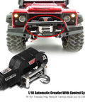 Top Notch 1/10 Scale RC Crawler Winch Set With Control System, Fairlead And Hook For HSP And Axial Off Road Crawling Cars Ready To Roll on a red RC vehicle.