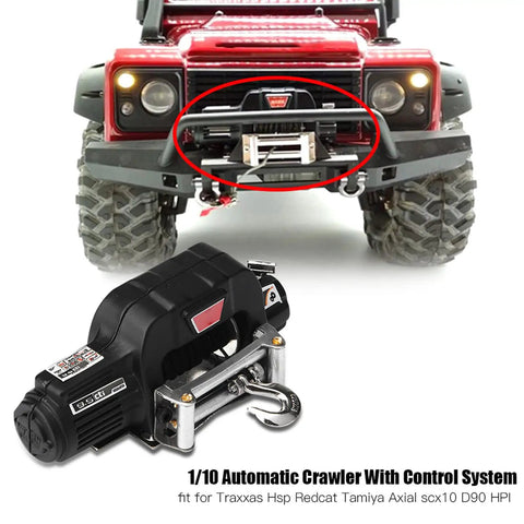 Top Notch 1/10 Scale RC Crawler Winch Set With Control System, Fairlead And Hook For HSP And Axial Off Road Crawling Cars Ready To Roll on a red RC vehicle.