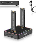 Dual Bay M.2 SSD Cloner Docking Station Offering 20Gbps Offline Duplication For Nvme To Nvme And Sata Drives With One Button Operation, showing USB ports and SSD slots.