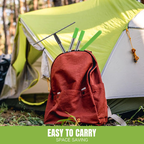Adjustable Bow Rake With 14 Tines, 13.7 Inch Wide Metal Head in a red backpack near a tent, telescoping 30.5 to 57 inch reach