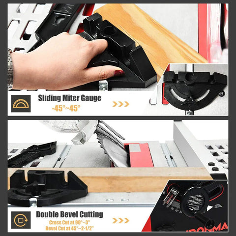 Sliding miter gauge and double bevel cutting on 10 Inch Table Saw Electric Cutting Machine With Aluminum Tabletop And Woodworking Stand 15 Amp Motor Delivers 5000 RPM Heavy Duty Portable Saw For Precise Cuts And Guarded Safety.