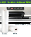 Potane precision vacuum sealer front view with built-in cutter, two bag rolls (11x16, 8x16) and foam gasket