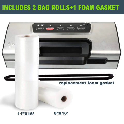 Potane precision vacuum sealer front view with built-in cutter, two bag rolls (11x16, 8x16) and foam gasket