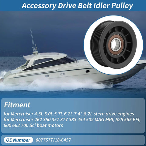 High-Quality Serpentine Belt Idler Pulley For Mercruiser 4.3L 5.0L 5.7L 6.2L Motors shown with a boat background.
